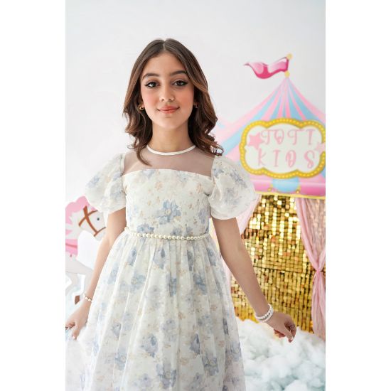 صورة فستان بناتي أورجانزا مورد | قطعة من سماء الصيف - M3704